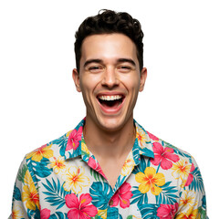 A young man in a Hawaiian shirt is isolated on a transparent background PNG.