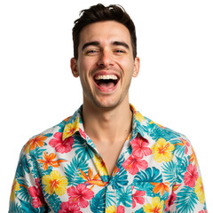 A young man in a Hawaiian shirt is isolated on a transparent background PNG.