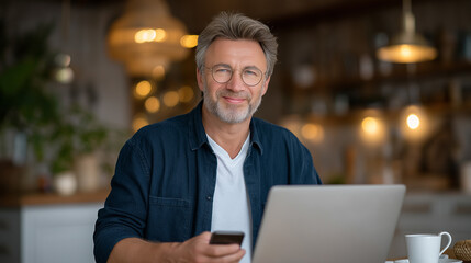 A productive mature man working on laptop and smartphone in kitchen office