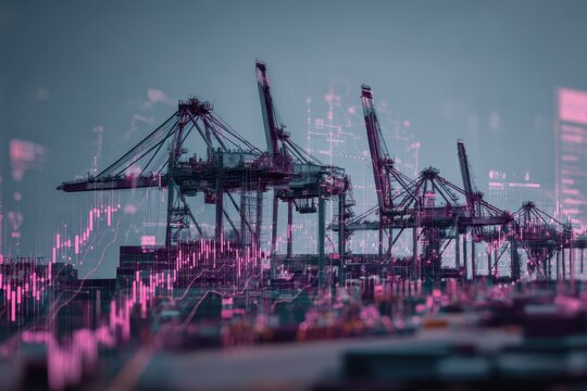 Futuristic seaport with advanced cargo cranes and digital overlays representing trade data and statistics at dusk