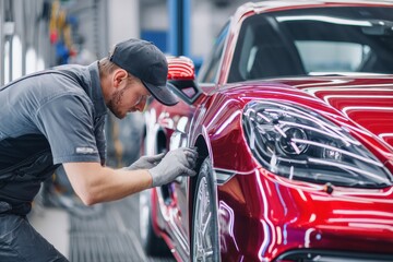 Auto body repair specialist working intently on a red luxury car at a modern repair facility during daylight hours