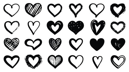 Doodle hearts collection features hand drawn love symbols in various styles and shapes isolated on transparent background