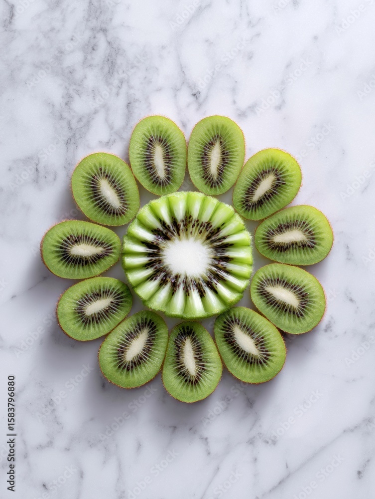 Poster sliced kiwi arranged in flower mandala shape on marble background with blank space for text above