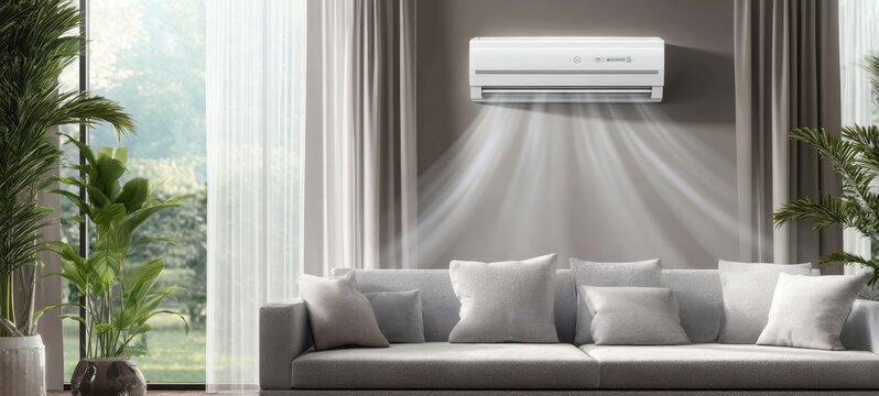 The modern air conditioning unit enhancing comfort in a stylish living room. - Powered by Adobe