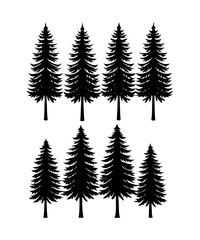 Obraz premium Evergreen Silhouette Ensemble: A meticulously crafted collection of stylized evergreen trees, perfectly rendered in striking black and white.