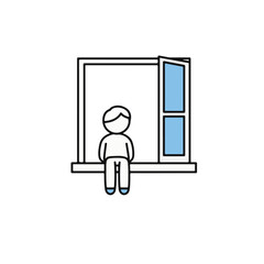 Fototapeta premium A simple cartoon illustration of a person sitting on a windowsill and looking outside.