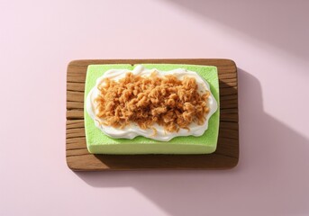 Pandan Sponge Cake with Pork Floss Topping on Wooden Board