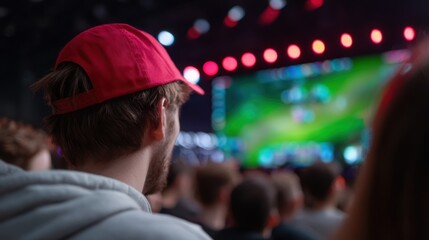 Crowd watching a live esports tournament on a massive screen, shared gaming excitement. Competitive gaming, audience. Energetic, vibrant.