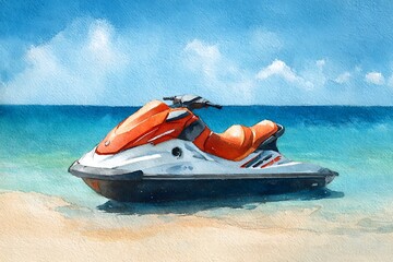 Watercolor painting of a jet ski resting on a sandy beach by the ocean