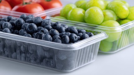 Innovations in food packaging extending shelf life of perishable goods, reducing food loss. Preservation, efficiency. Clean, modern.