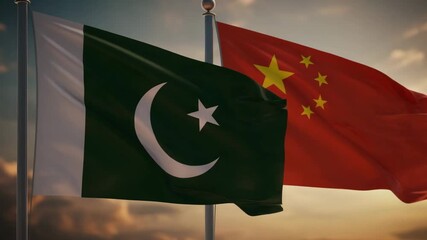 Pakistan and china flags waving together in the wind against a cloudy sky background display