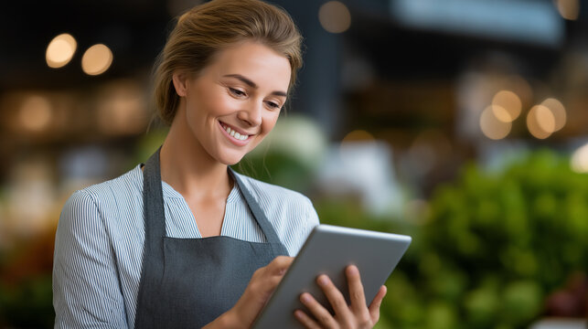 Cheerful supermarket owner using tablet in bright shop