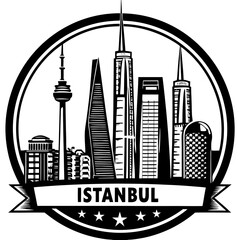 Illustration of the istanbul city skyline inside a circle frame with a banner and stars at the bottom edge
