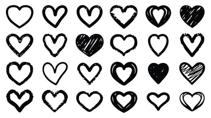Assorted hand drawn hearts in black ink create a romantic, artistic design element isolated on transparent background