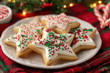 Holiday celebration treats featuring star shaped sugar cookies adorned with festive white frosting and colorful sprinkles on a decorative plate