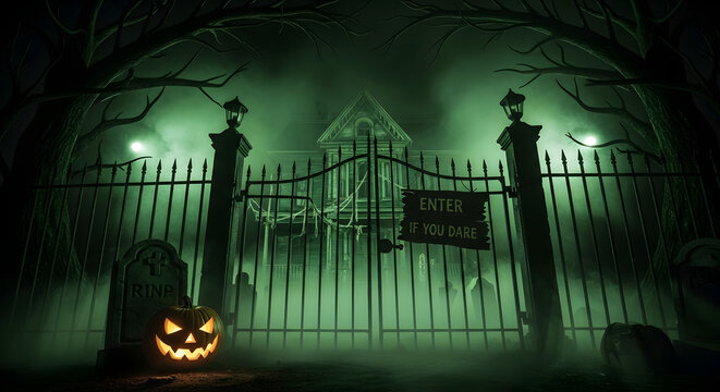 A spooky haunted house behind a gate with a jackolantern in a foggy cemetery