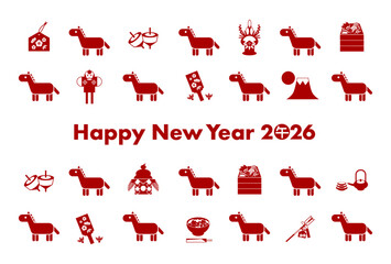 お正月と馬アイコンの2026年午年年賀状（赤）