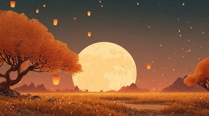 Naklejka premium Mid-Autumn Festival Asian Backgrounds in Illustrated and Watercolor Style