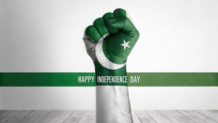A raised fist painted with Pakistani flag for Independence Day symbolizing freedom and strength