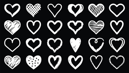 White heart shapes in various styles are arranged pattern isolated on transparent background