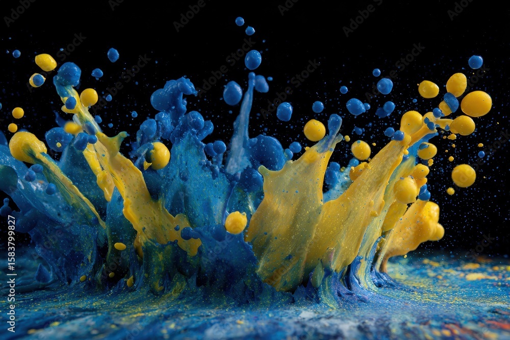 Poster dynamic splash of blue and yellow paint creating a vibrant display of color and motion on a dark bac