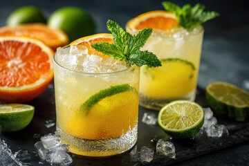 Fototapeta premium Refreshing citrus cocktails served with fresh garnishes during a lively summer gathering at a backyard patio