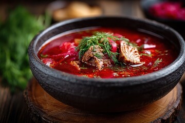 Traditional red borscht soup served with tender meat garnished with fresh herbs in a rustic wooden bowl on a warm wooden table