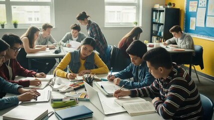 Diverse Group of Young Students Engaged in Collaborative Learning in a Bright, Modern Classroom Environment - Powered by Adobe