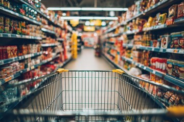 Naklejka premium Shopping cart stands ready for grocery shopping in a well-stocked aisle filled with various products and items during a busy market day