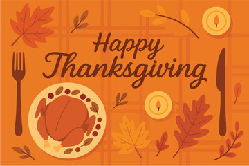 Fototapeta premium Thanksgiving celebration featuring a decorated table with a roasted turkey and autumn leaves