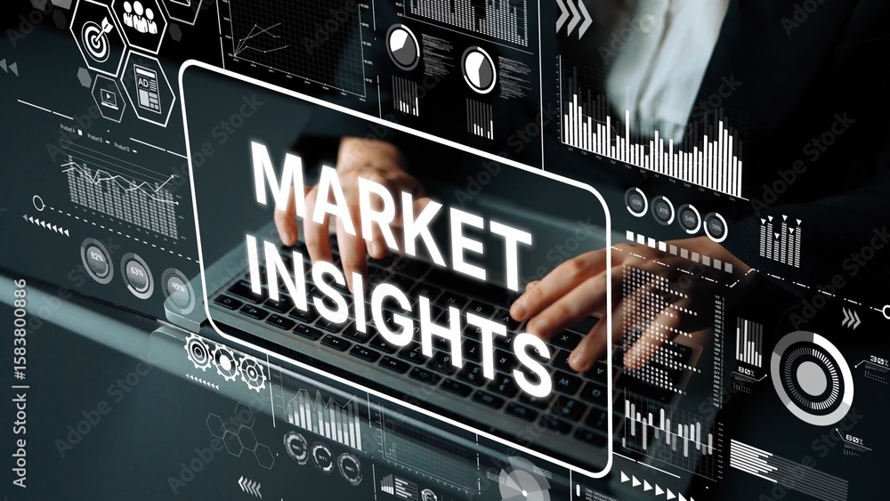 Poster professional analysis of market insights with hands typing on a laptop surrounded by data visualizat