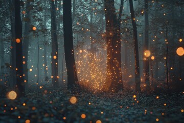 Magical glowing orbs illuminate a misty forest at dusk, creating an enchanting atmosphere