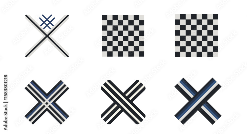 Poster collection of six abstract designs featuring crosses and checkered patterns on a white background
