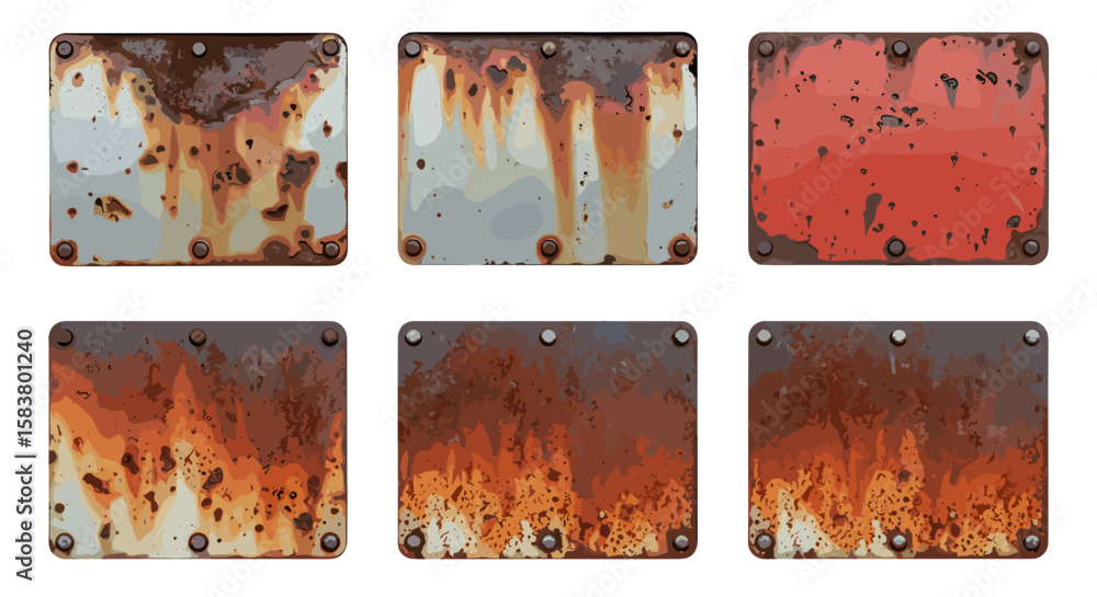 Poster collection of six square metal plates with rust and bolt details in varying color and texture style