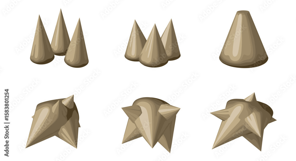 Poster various beige cone shaped objects arranged in different groupings and orientations on a white backgr