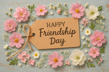 Tag styled greeting for happy friendship day with soft rustic flower frame on wood perfect for happy parents day heartfelt message and decor