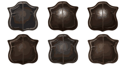 A collection of six brown shield shaped badges with a vintage and slightly weathered appearance displayed