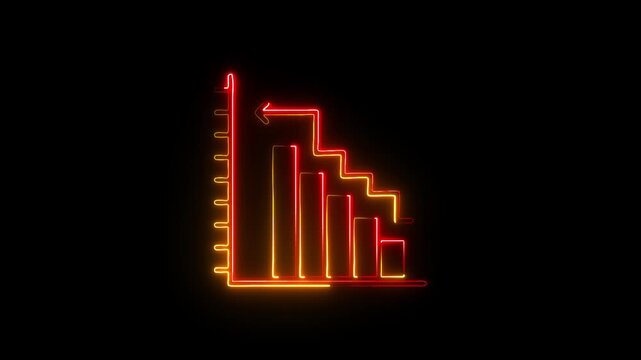 Neon Line Graph with Decreasing Data Points, Glowing in Red and Yellow, Representing a Steady Decline in Values Over Time.