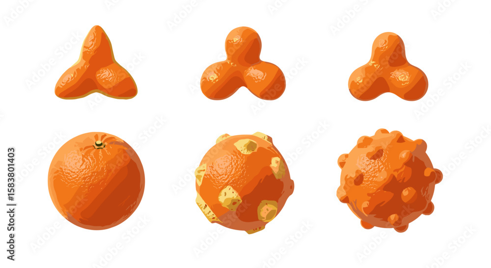 Poster oranges transformed into abstract shapes and forms arranged in a grid on a white background