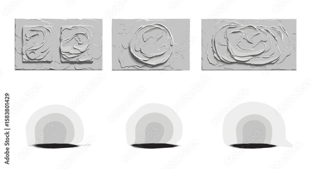 Fototapete three textured square panels with abstract designs above three rounded gradient shapes below them al