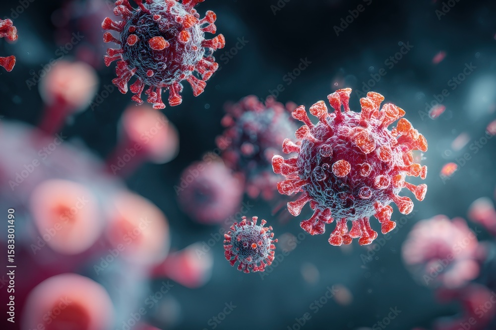 Poster microscopic view reveals intricate structure of virus cells in detail, showcasing unique features an
