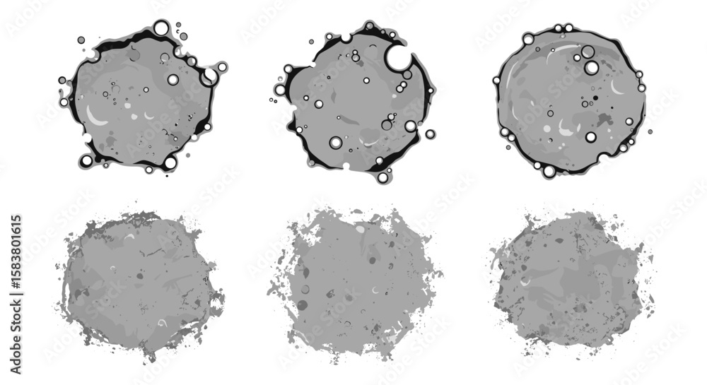Poster six gray blobs with varying textures and bubble like edges arranged in two rows on white background