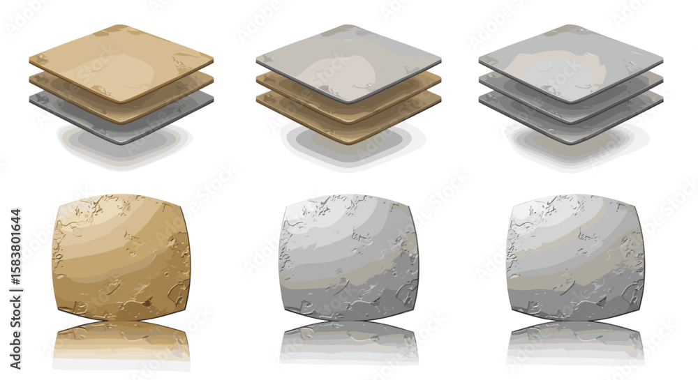 Poster illustration of three stacks of square tiles and three vertical stone blocks with reflections on whi