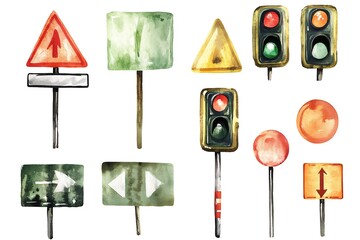 Watercolor collection of various traffic and road signs on white background