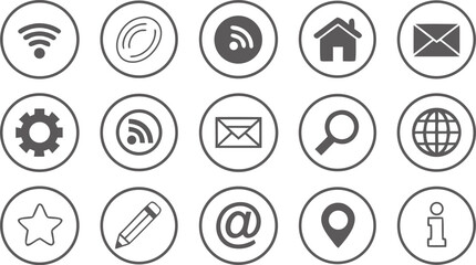 Ten Gray Circular Icons Set Website Symbols Wifi Home Email Gear R S Globe Search Pencil At Sign Location Information