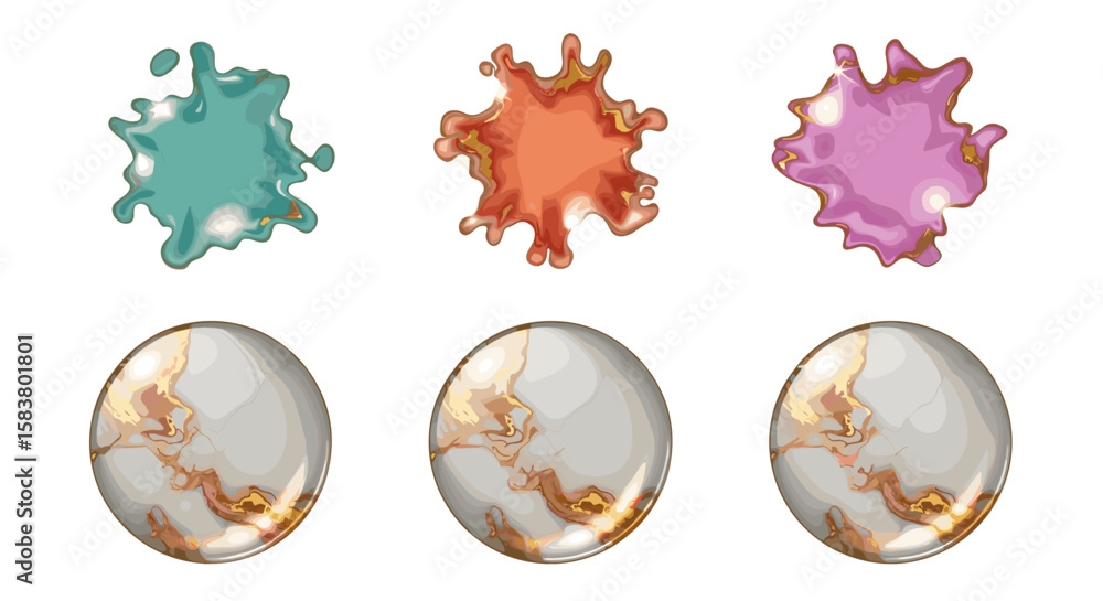 Poster three colorful paint splatters above three marble patterned eggs in a vertical arrangement setting a