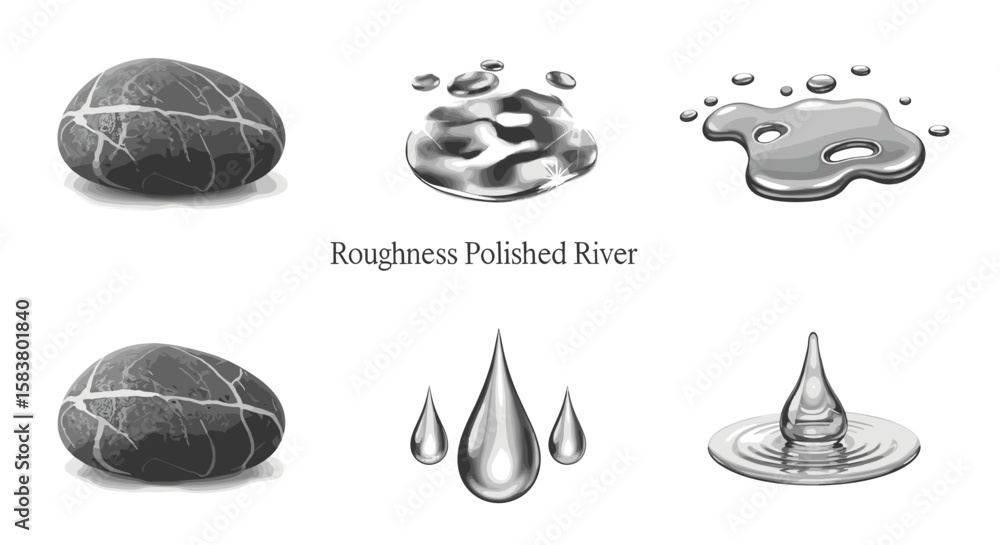 Poster illustration showing rocks with cracks and water droplets in various forms and arrangements design a
