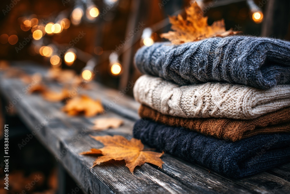Poster cozy knitted sweaters are neatly folded on a rustic wooden table surrounded by autumn leaves and war