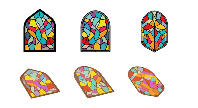 Illustration of six stained glass windows with colorful designs and varying shapes on a white background
