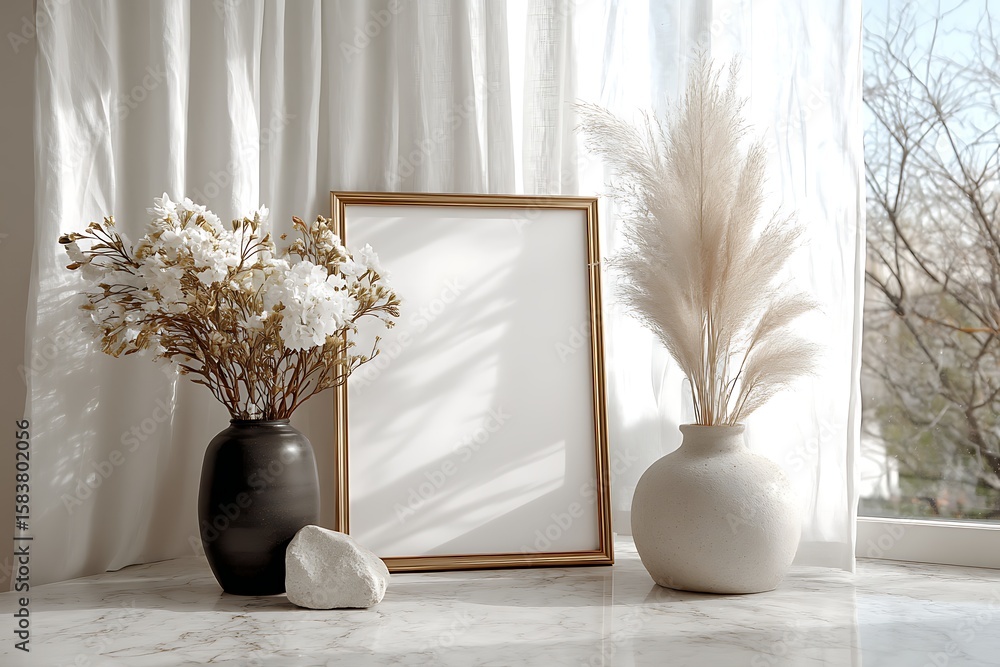 Poster a golden frame with flowers in vases is displayed by a window